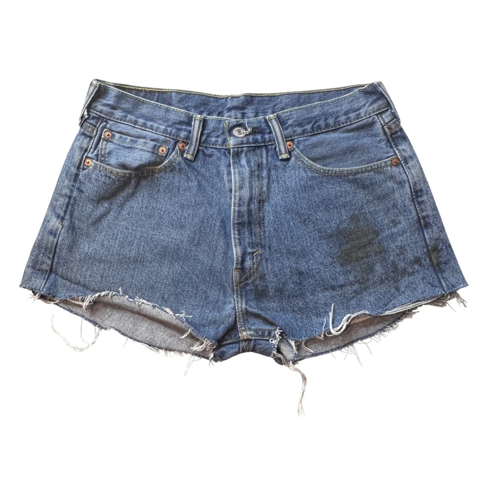 Levi's 505 Shorts Womens 32 Blue Regular Fit Cut Off Denim Distressed Stained